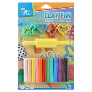 Clay fun, modeling clay with molds, 12 colors, 180g