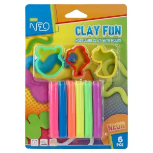 Clay fun, modeling clay with molds, neon, 6 colors, 80g