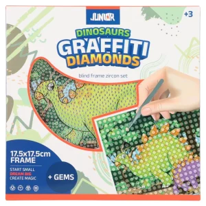 Graffiti diamonds, blind frame with pins, dinosaurs, white, 17,5x17,5cm