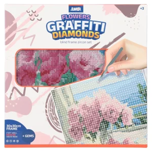 Graffiti diamonds, blind frame with pins, flowers, white, 30x30cm