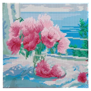 Alternative view of Graffiti diamonds, blind frame with pins, flowers, white, 30x30cm