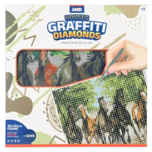 Graffiti diamonds, blind frame with pins, horses, white, 30x30cm