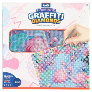 Graffiti diamonds, blind frame with pins, flamingo, white, 30x30cm